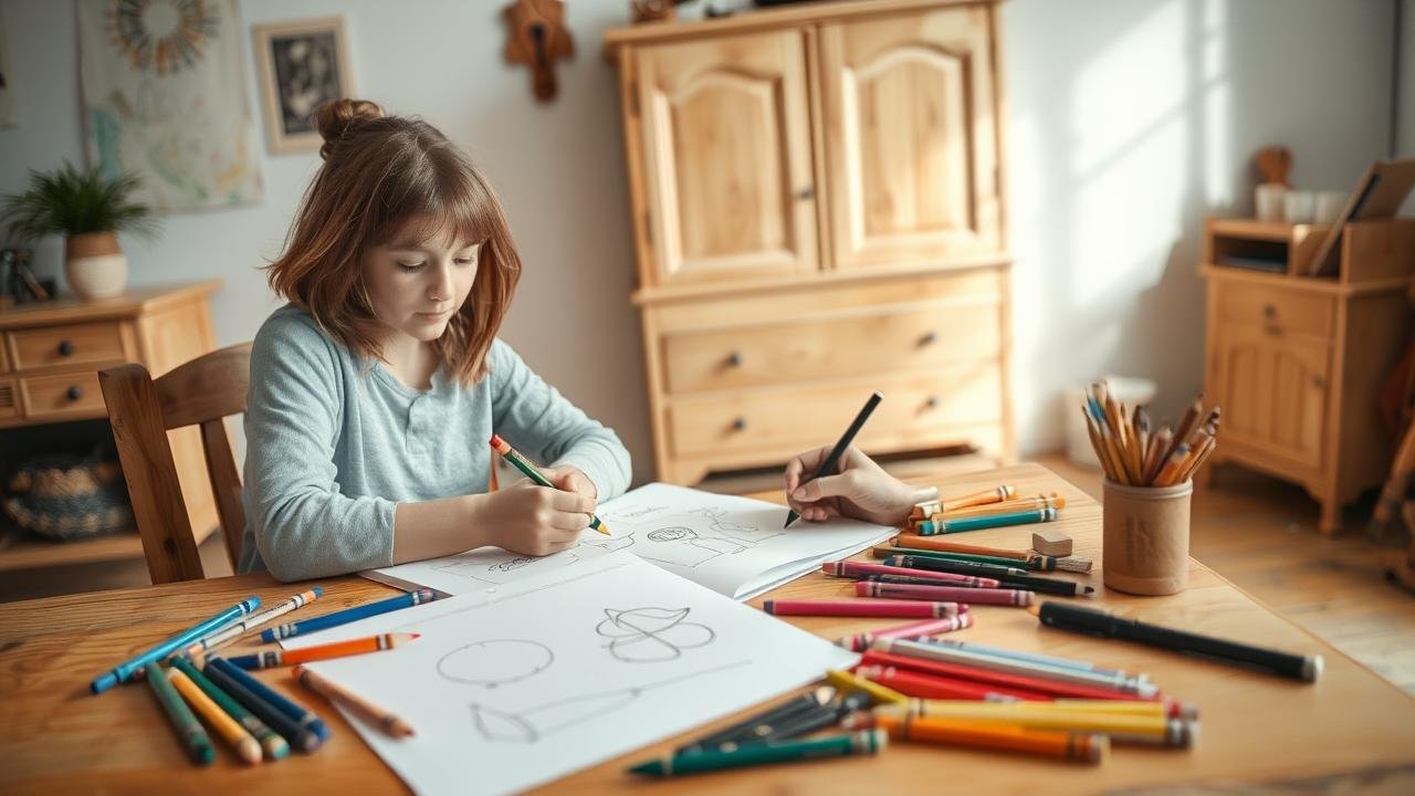 Personne assise à une table, concentrée sur un carnet de croquis avec des esquisses de formes basiques, entourée de crayons et d'outils de dessin, illustrant une ambiance d'apprentissage et de créativité pour apprendre à dessiner, avec un meuble en bois en cours de rénovation en arrière-plan.