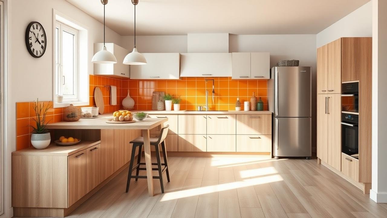 Cuisine moderne accueillante avec carrelage orange vif sur les murs, sol en carreaux classiques mat, meubles en bois neutre et accessoires de cuisine tendance, éclairée naturellement par une fenêtre.