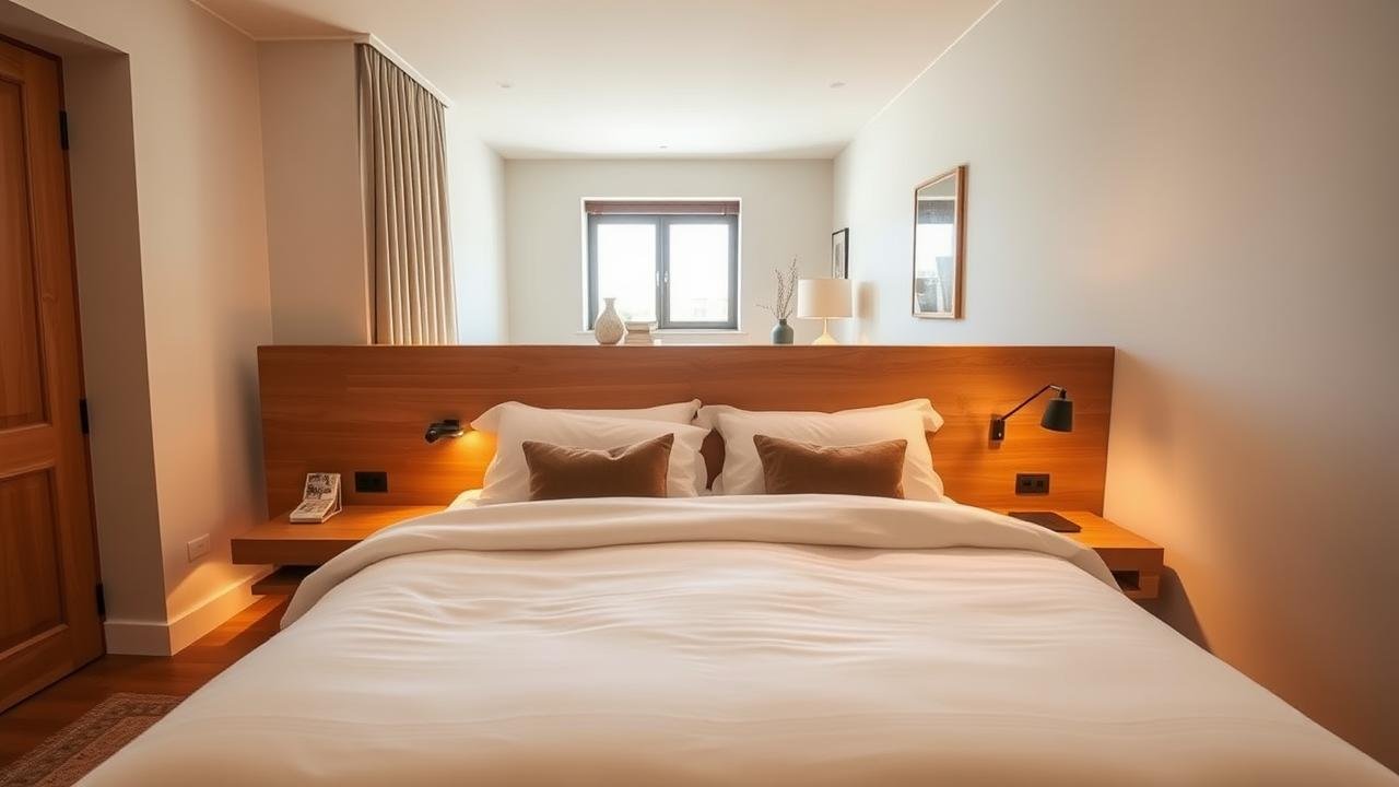 Chambre d'hôtel élégante avec un lit king size drapé de linge en percale de coton dans des tons doux, tête de lit en bois design, coussins décoratifs moelleux et lumière naturelle créant une atmosphère chaleureuse, mettant en valeur le lit chambre hotel.