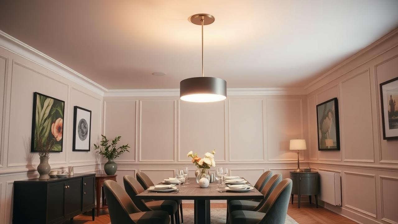 Plafonnier décentré illuminant une table élégante dans une salle à manger moderne aux teintes douces, créant une ambiance chaleureuse.